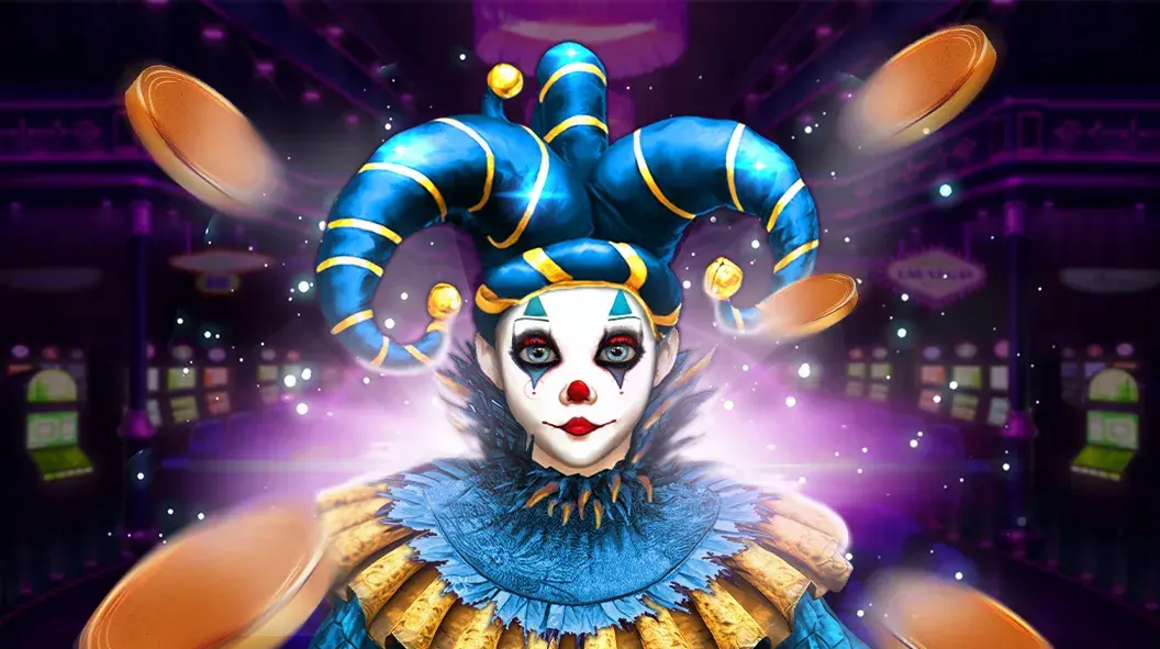 NV Casino – Joker w niebieskiej czapce na tle kasyna z lecącymi monetami